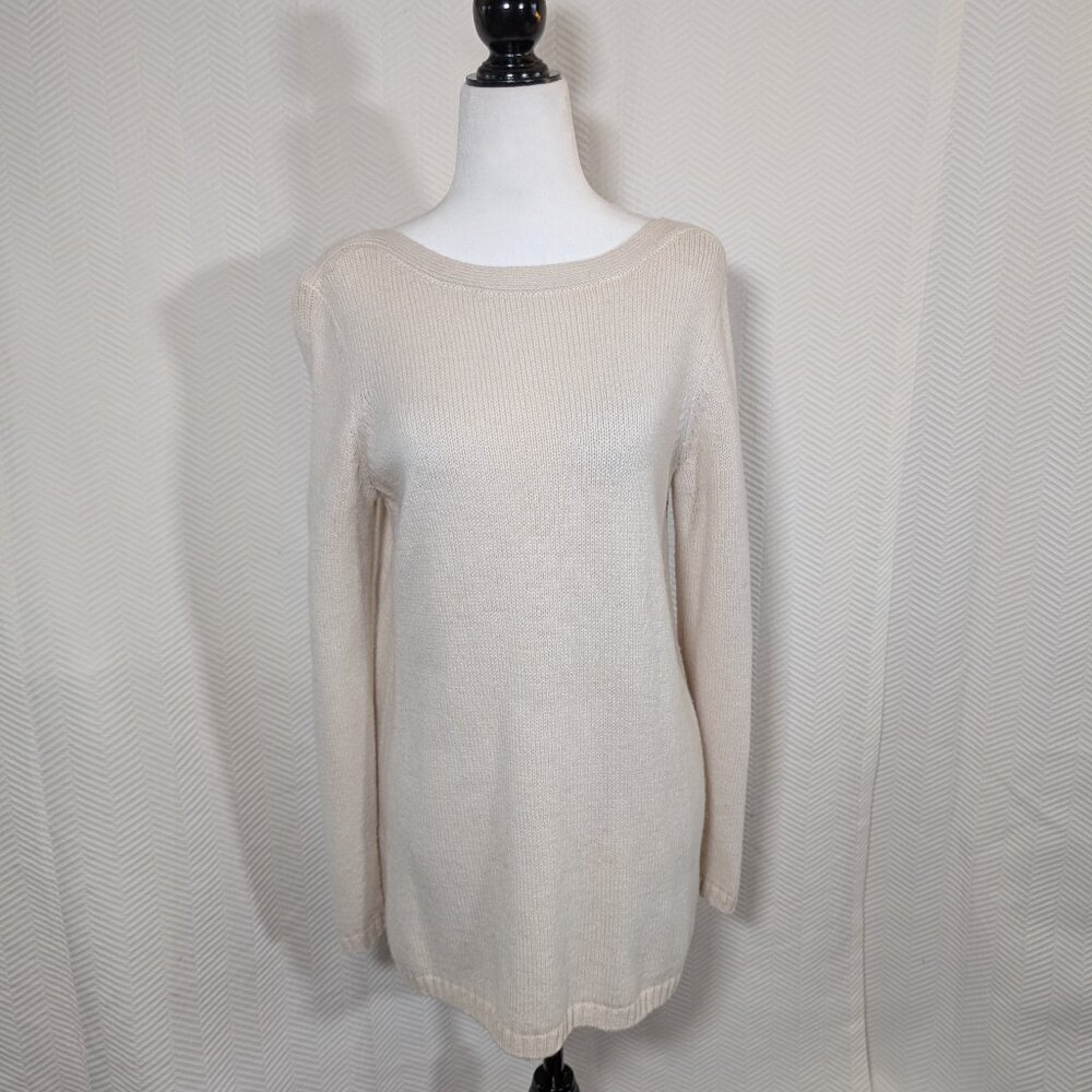 Max Studio Wool Blend Long Sweater Sleeve Cutouts Ivory Neutral Knit Medium